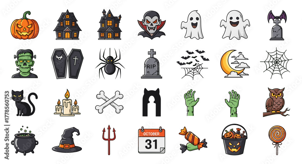Fototapeta premium Halloween icon set spooky vector illustration with traditional symbols perfect for web design and holiday themed projects