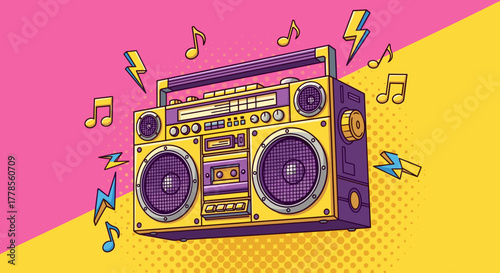 Retro boombox illustration vintage stereo with speakers and cassette player vector design for music and entertainment themes