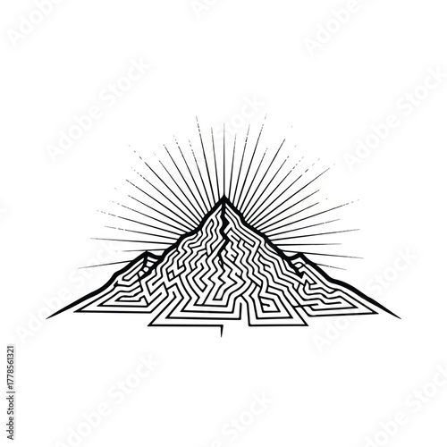 Mountain peak illustration with intricate maze design Conceptual symbol of challenge and accomplishment