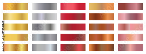 Gold, silver, bronze and golden foil texture gradation background set. Metallic gradient collection. Vector shiny hologram metallic gradient. 
