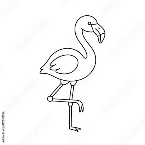 Outline drawing of a flamingo standing on one leg, a simplified illustration for coloring or design