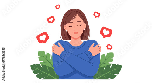 Happy Woman Self-Love Self-Care Embrace Cartoon Illustration
