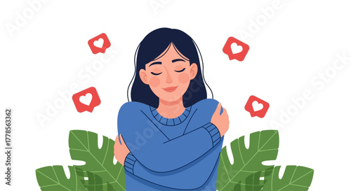 Happy Woman Self-Love Self-Care Embrace Cartoon Illustration