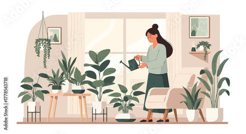 Flat Vector Illustration of a Young Woman Caring for Indoor Plants in a Modern Minimalist Apartment — Warm Pastel Tones and Cozy Home Lifestyle Concept