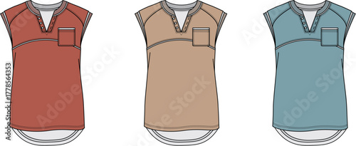 Set of sleeveless V-neck top fashion flat vector templates. Technical drawing of a casual women's tunic with a chest pocket and curved hem