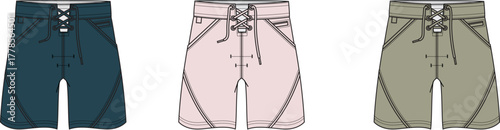 Men's casual boardshorts with lace-up fly, technical flat sketch set. Vector illustration for clothing design and fashion mockups