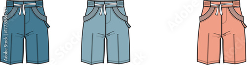 Vector illustration set of men's or unisex casual shorts in multiple colorways, fashion flat sketch technical drawing template for apparel design