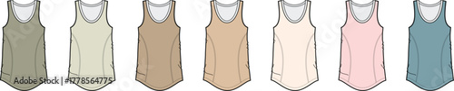A versatile collection of women's casual tank top templates in an earthy and pastel color palette. Vector illustration for apparel design and fashion mockups