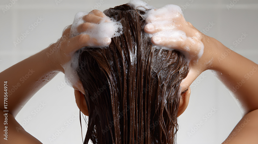 Naklejka premium Young woman washing her hair with shampoo in a bright bathroom with soft lighting