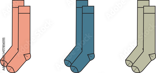 A colorful collection of three pairs of classic long socks in a flat vector design. An isolated set illustrating concepts of apparel, comfort, and personal style