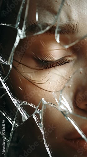 A cracked mirror showing half of a face, duality and vulnerability