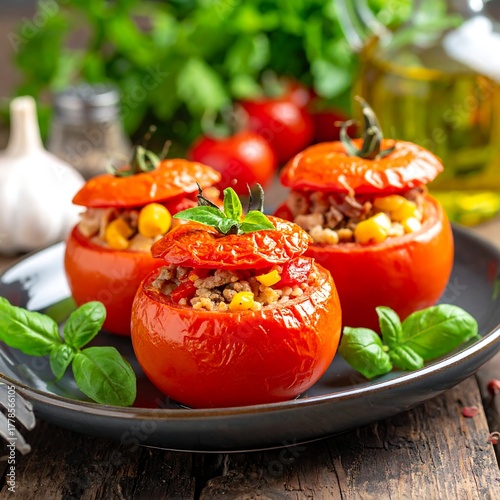 Three bright red baked tomatoes filled with a savory stuffing