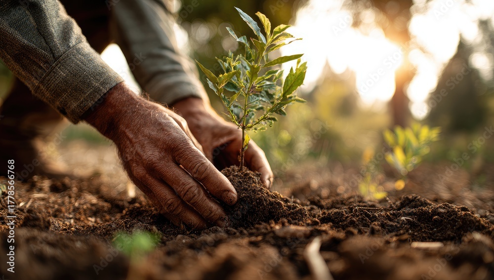 Naklejka premium Senior's hands planting a young tree sapling