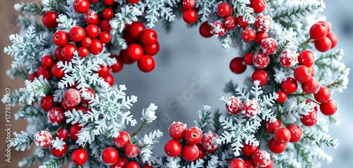 Glistening snowflakes and red berries create a beautiful, frosted winter wreath,  adornment,  wreath