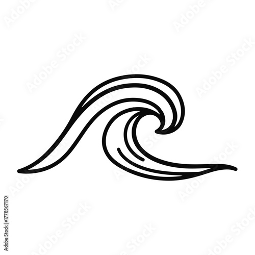 Stylized ocean wave illustration in simple black and white line art style, representing water movement and coastal elements