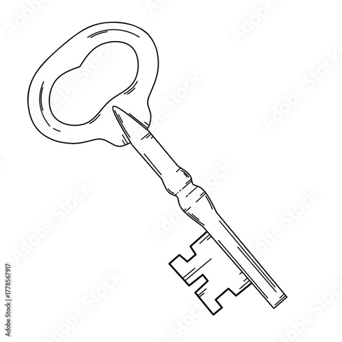 Antique key line drawing, black lines on white background.