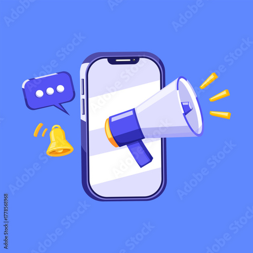 Smartphone with megaphone symbolizing social media marketing and online campaign promotion.