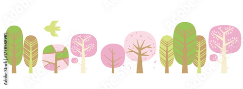 桜の花や新芽で春らしく色づいた森の木々と鳥のラインアート