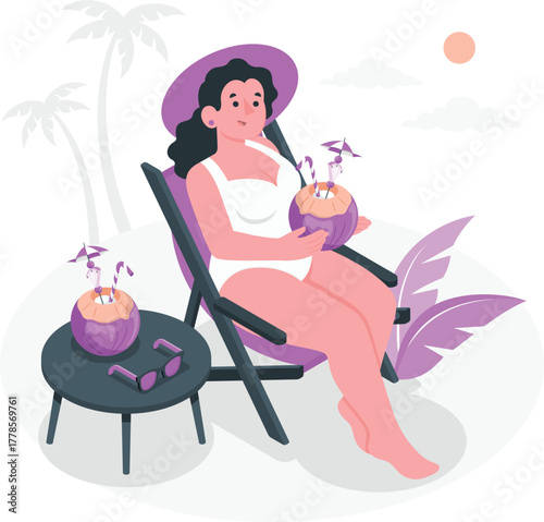 Woman in swimsuit relaxing on beach chair with coconut drinks vacation relaxation