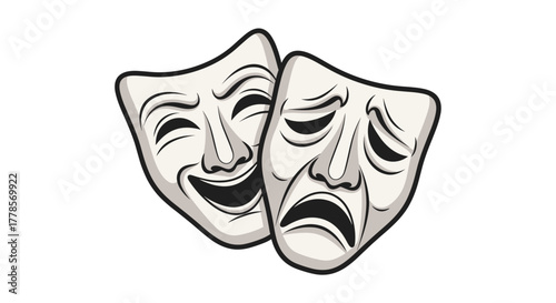 🎭Theatrical Dichotomy: This image presents two classical masks, one representing joy and the other sadness, intertwined to symbolize the complex duality of human experience.🎭