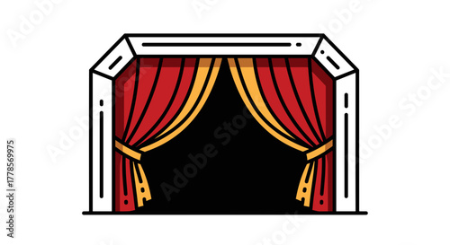 Theatrical Grandeur: A stylized illustration of a stage, draped with rich red curtains, beckons with the promise of performance and drama. The contrasting golden accents add a touch of elegance.