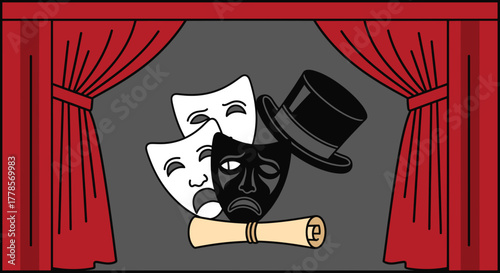Drama Masks and Stage: A theatrical illustration showcases the iconic comedy and tragedy masks, accompanied by a top hat and scroll on a stage.