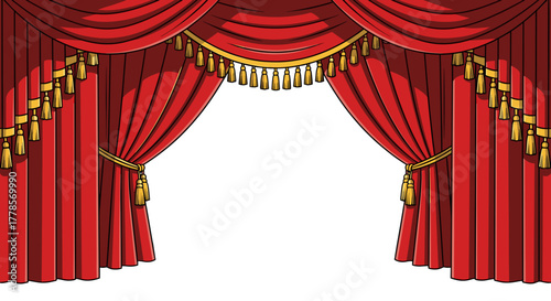Red Stage Curtain:  a majestic red curtain, adorned with golden tassels and draping elegantly to reveal an empty stage, ready for the show to begin. Evokes anticipation and the magic of theater.