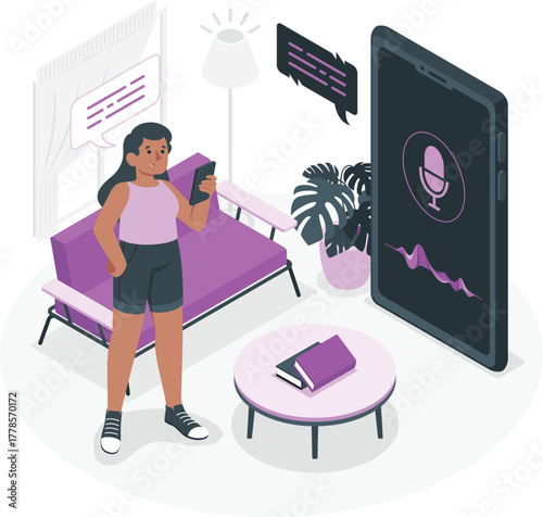 Woman interacting with voice assistant on smartphone in living room technology