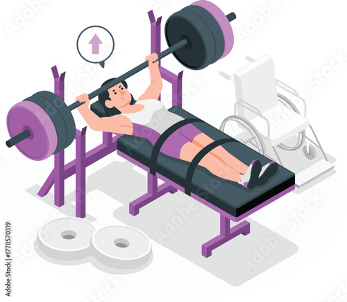 Woman lifting weights on bench press in gym with wheelchair adaptive sports athlete