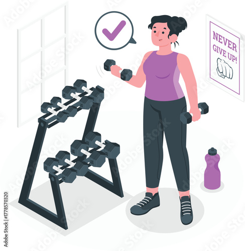 Woman lifting dumbbells in gym with motivational poster Keywords: fitness, exercise, workout