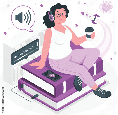 Woman listening to audiobooks on headphones with books and coffee vector illustration