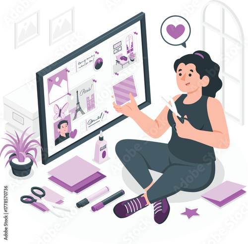 Woman making a scrapbook with photos and craft supplies crafting hobby