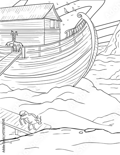 Noah's Ark Boat Coloring Page: Giraffes and Cow Leaving the Flood Line Art