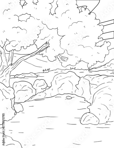Rocky Riverbed and Tree Coloring Page: Moses Striking the Rock Scene