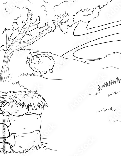 Cute Sheep in Pasture Coloring Page: Genesis Biblical Scene Line Art