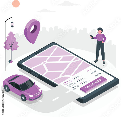 Woman orders a ride using a car service app on a smartphone ordering