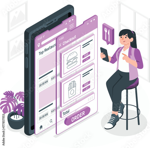 Woman orders food online using a mobile app on a stool ordering