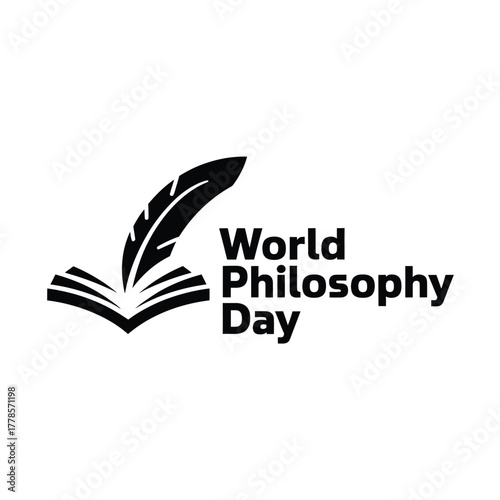 Vector art of world philosophy day logo featuring an open book and a quill pen, symbolizing the written word and the exploration of ideas