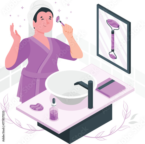 Woman performing facial skincare routine with jade roller and serum Keywords: skincare, beauty