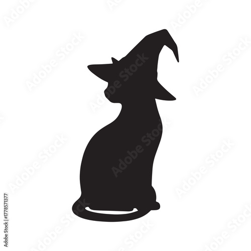 Witch Black Cat with Hat Vector Silhouette