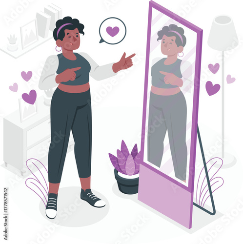 Woman pointing at herself in mirror with heart symbols reflection self love