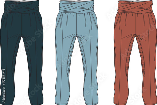 Fashionable high-waisted elasticated cuffed trousers in three distinct colorways, showcasing a contemporary casual style