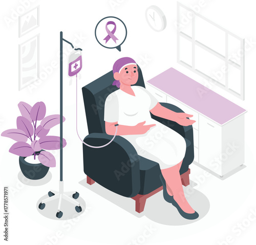 Woman receiving chemotherapy treatment in a chair with IV drip cancer patient