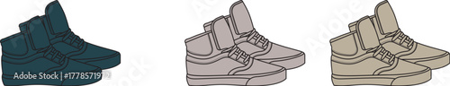 A vector illustration set of classic high-top sneakers in various color options, showcasing casual footwear choices for urban street style concepts