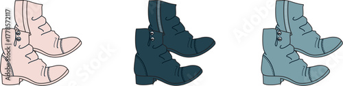 A colorful collection of stylish illustrated ankle boots in pastel pink, dark teal, and light blue, representing fashion choice and style variation
