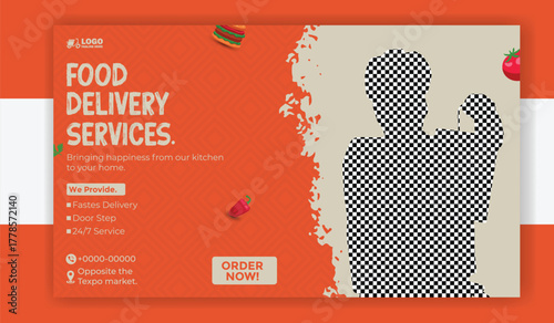 Food delivery services promotional banner with man holding paper bag