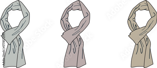 Three stylish scarf designs in pastel colors, perfect for fashion and clothing accessories