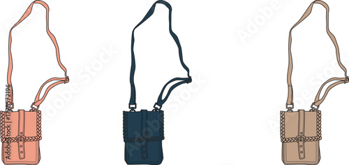 Versatile collection of three compact crossbody shoulder bags in an illustrated style, showcasing practical and fashionable accessory designs in varied colors for everyday utility