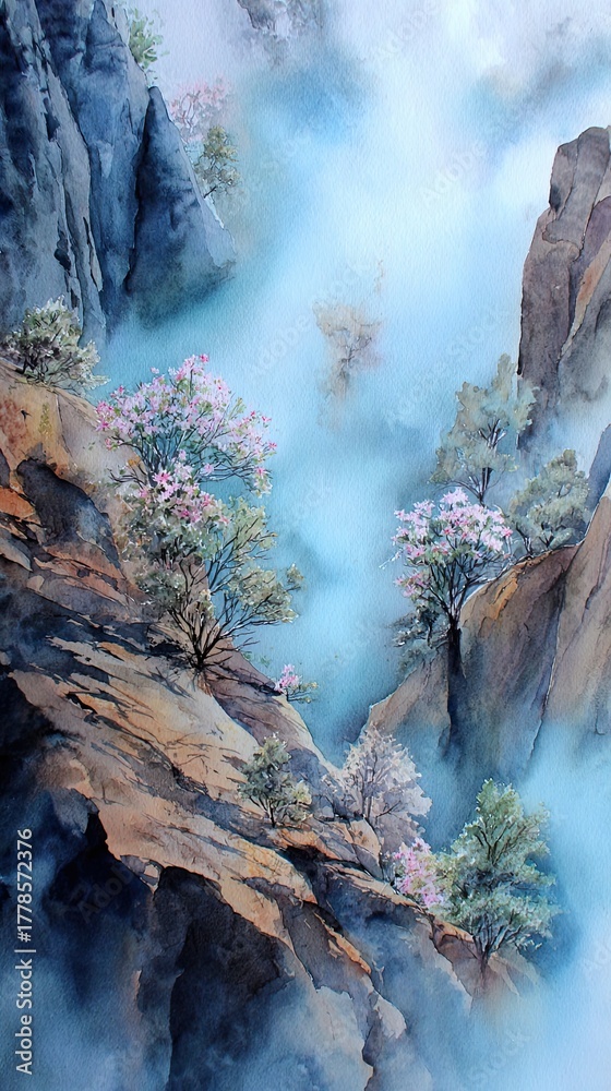 Fototapeta premium A serene landscape featuring rocky cliffs and blooming trees enveloped in mist, capturing the beauty of nature and tranquility.