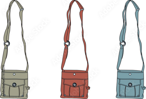 Stylized Crossbody Bag Illustrations in Beige, Red and Blue